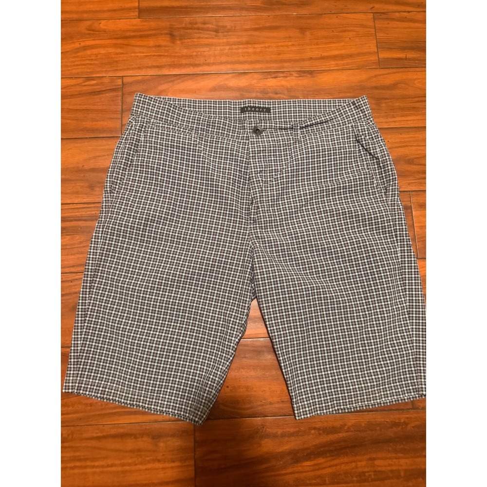 Theory Mens Gingham Check Cotton Shorts Grey White Button Fly Size 34